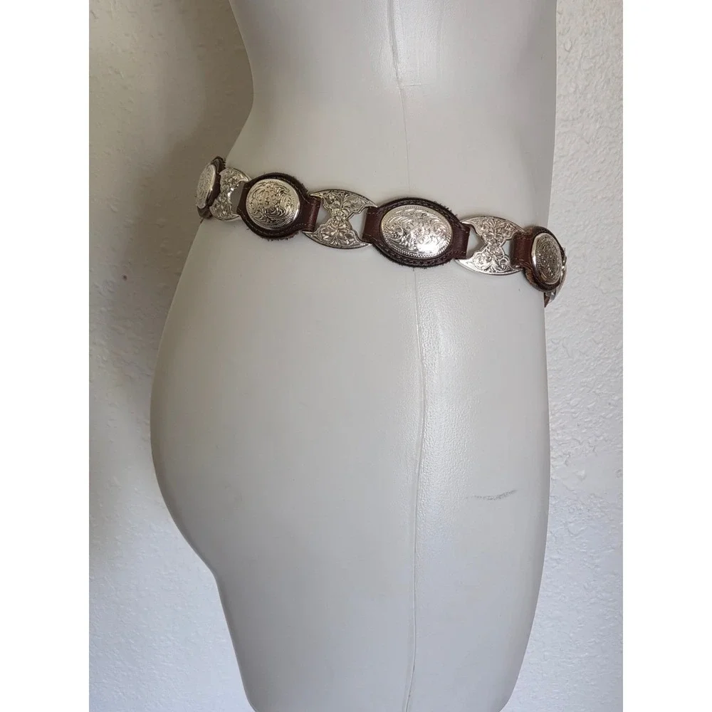 Vintage Brown Leather Western Concho Belt Silver Engraved Floral Boho Womens 34